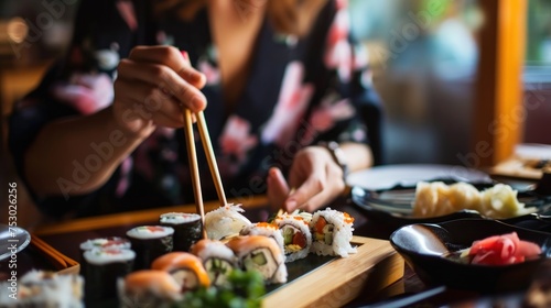 Woman eating sushi with chopsticks in japanese restaurant, closeup. Japanese Cuisine Concept with Copy Space. Oriental Cuisine. photo