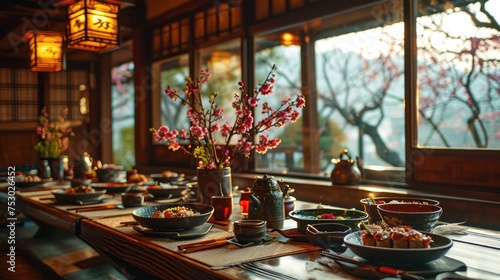 Traditional Chinese tea ceremony in a chinese restaurant  close-up. Japanese Cuisine Concept with Copy Space. Oriental Cuisine.