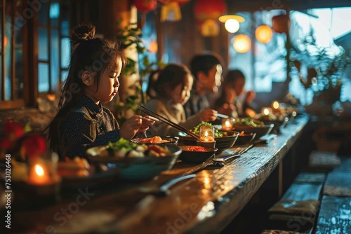 Asian little girl eating in a restaurant with her family in the background. Japanese Cuisine Concept with Copy Space. Oriental Cuisine.