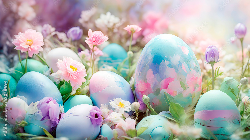 Fototapeta premium Pastel Easter: Floral Patterns on Painted Eggs.