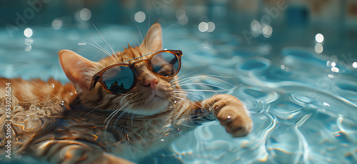A cute cat swims in the pool on a warm sunny day. Funny summer vibe concept banner. photo