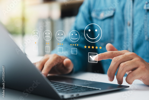 User give rating to service experience on online application, Customer review satisfaction feedback survey concept, Customer can evaluate quality of service leading to reputation ranking of business.
