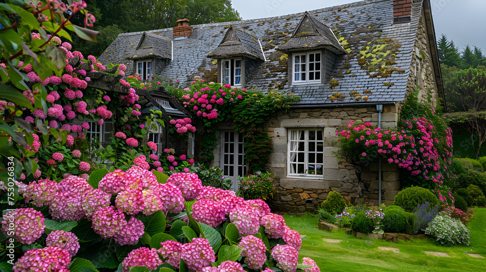 Beautiful garden with hydrangeas in Brittany. generative ai