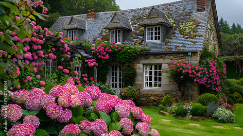 Beautiful garden with hydrangeas in Brittany. generative ai