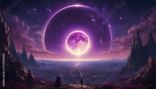 Purple, starry sky gold eclipse,Fantasy Realism,Magical Environments,Epic Adventures,Intricate Details,Enchanting
