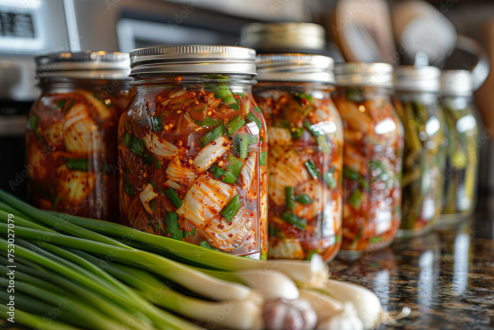 Jars with kimchi on a cozy kitchen. Kimchi with green onion. Jars with kimchi on a cozy kitchen. Kimchi with green onion.