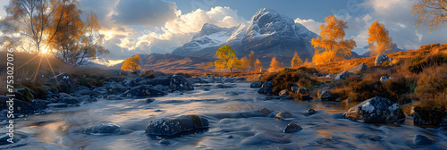 sunset in the mountains with background, River Coupall flowing through rocks against Buachaille Etive Mor 