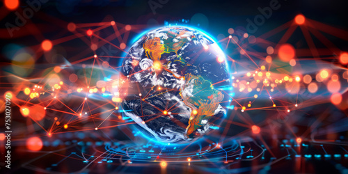 3D rendering of the Earth surrounded glowing data connections, representing global digital connectivity and cyber technology network