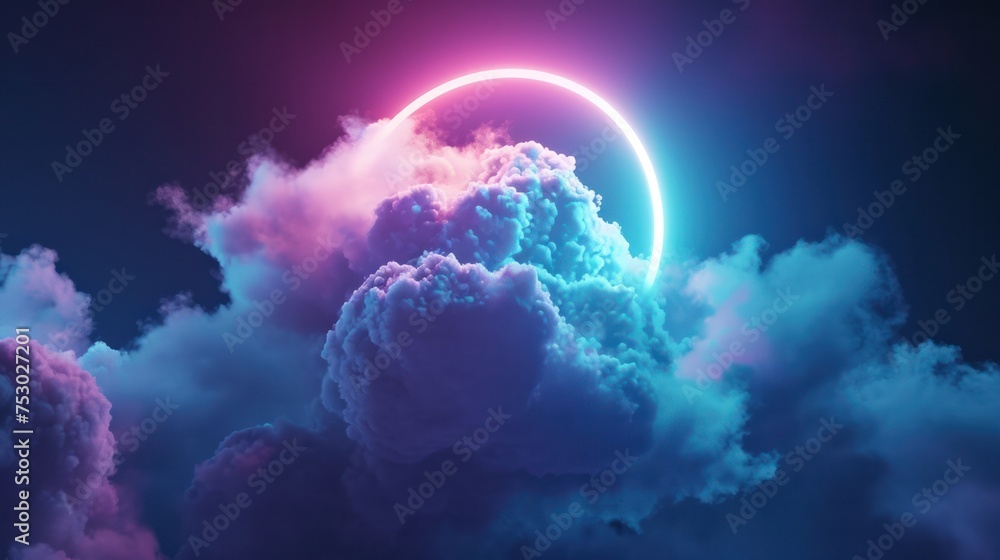 Obraz premium Abstract cloud illuminated with neon light ring on dark night sky. Glowing geometric shape, round frame