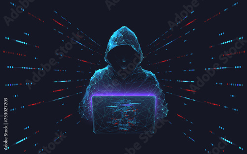 Cyber hacker attack concept. Abstract digital hacker man with a laptop and data server room. Database security. DDoS attack concept. Cyber security. Vector 3D illustration. Internet criminal and fraud (ID: 753027203)