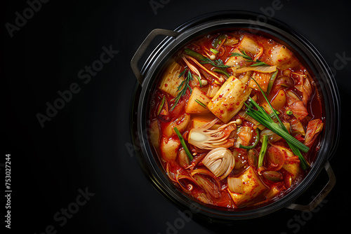 A kimchi stew hot pot, close up. Black background, top view. Space for text.