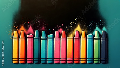 Row of colorful crayons with sparkling dust on dark background