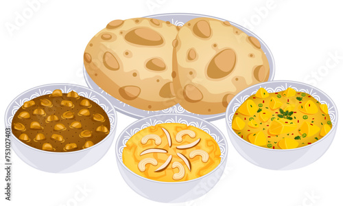 Indian Breakfast Delight: Halwa Puri with Chana Masala and Potato Curry 