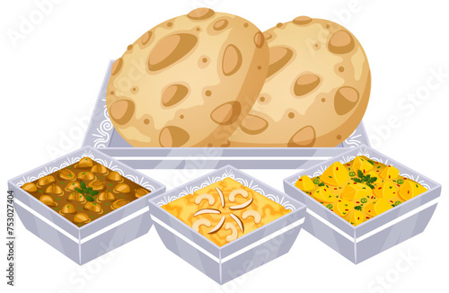 Indian Halwa Puri with Chana Masala, Suji Halwa and Potato Curry In Fancy White China  