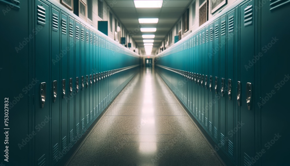 Fototapeta premium Blue school lockers along a cool lit corridor leading to an exit door