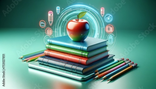 Pile of colorful books with a shiny red apple and futuristic glowing icons above