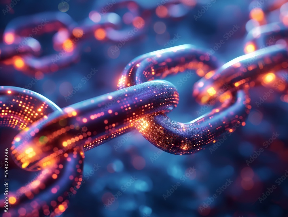Blockchain technology visualization, glowing blue chains in dark background, cryptocurrency security concept Blockchain technology visualization, glowing blue chains in dark background, cryptocurrency security concept