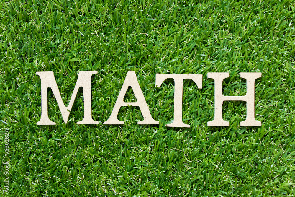 Wood letter in word math on green grass background