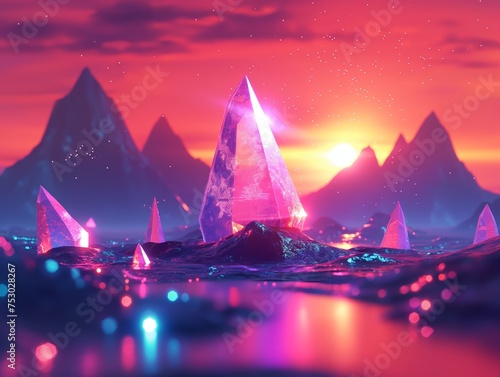 Crypto valley concept, ethereal landscape with glowing pyramids depicting blockchain data blocks in a cryptocurrency network