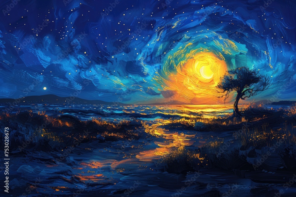 Digital art painting of a vibrant starry night over a dynamic, swirling landscape, reminiscent of Van Gogh's expressive style. Starry Night Over Vivid Landscape Painting