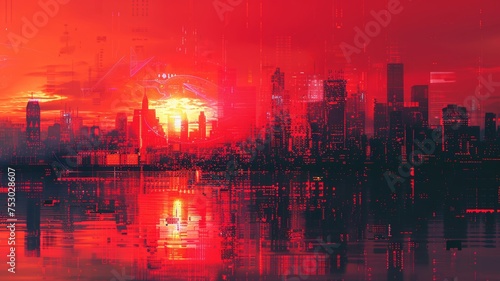 Digital glitch art bursts with vivid pixels, a cyberpunk cityscape