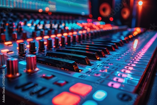 Professional Audio Mixing Console in Studio, a professional audio mixing console with illuminated buttons and sliders in a music production studio environment.