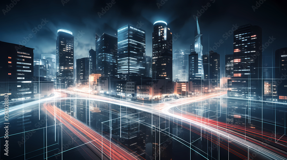Fototapeta premium Smart city, smart city and abstract line and dot connection gradient line design, big data connection technology concept