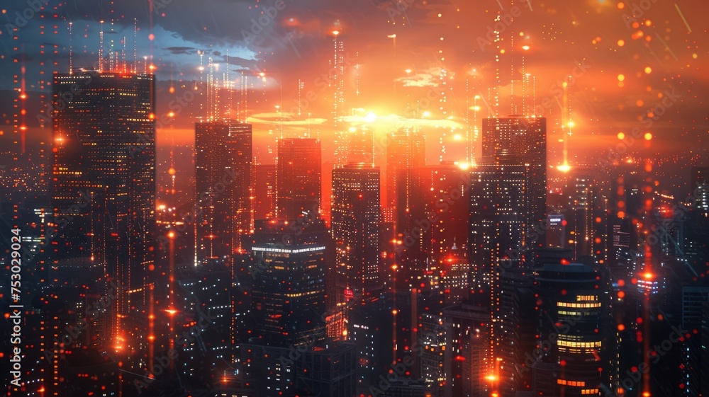 Fototapeta premium Futuristic network defense mechanisms envelop skyscrapers in the evening glow