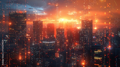 Futuristic network defense mechanisms envelop skyscrapers in the evening glow