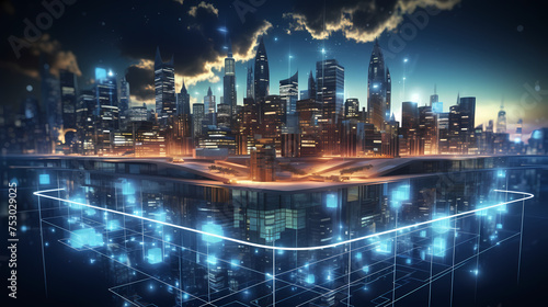 Smart city, smart city and abstract line and dot connection gradient line design, big data connection technology concept