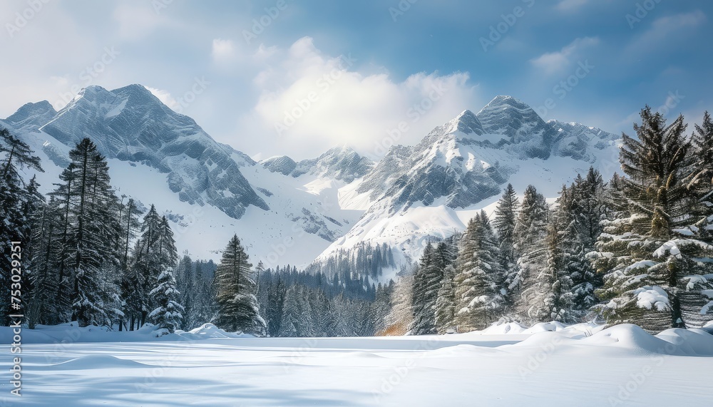 Serene Snow-Covered Mountain Landscape with Forest
