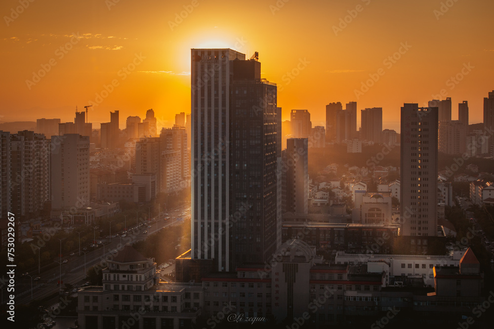 city skyline at sunset