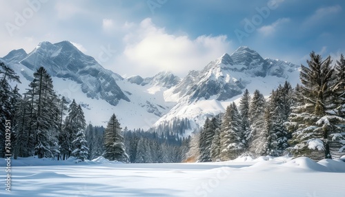 Serene Snow-Covered Mountain Landscape with Forest © evening_tao