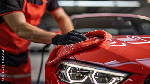 Gather car details, A man holds a microfiber cloth and meticulously polishes a car. © Radala