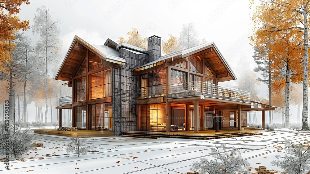 Construction of a rustic abode mid-sketch, touched by the rose hues of dawn - obrazy, fototapety, plakaty 