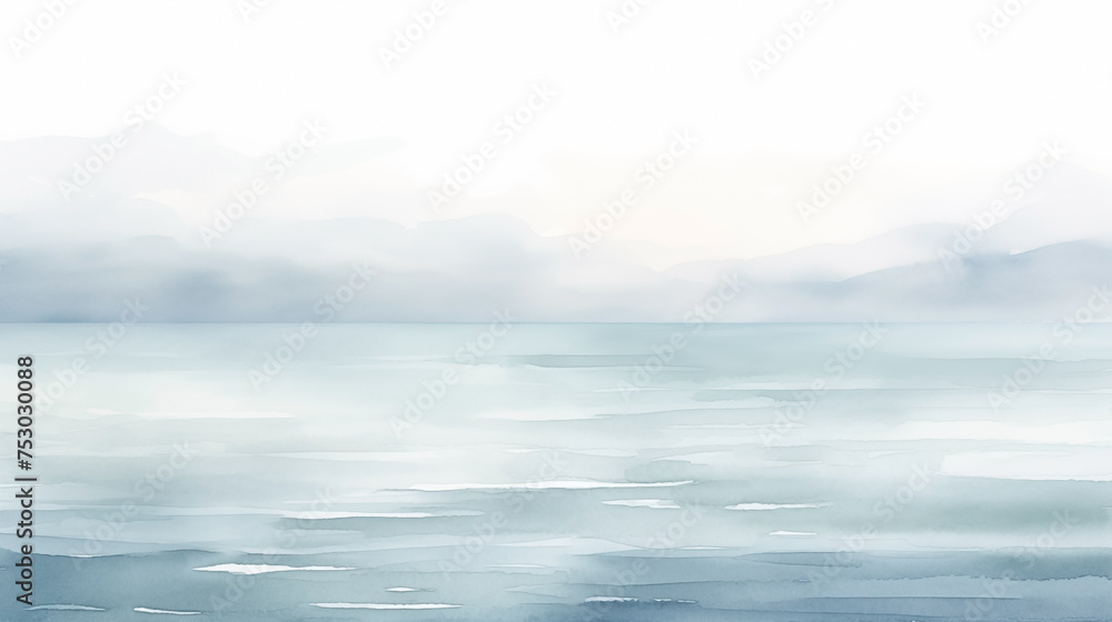 Calm watercolor seascape, minimalist background with tranquil blue tones