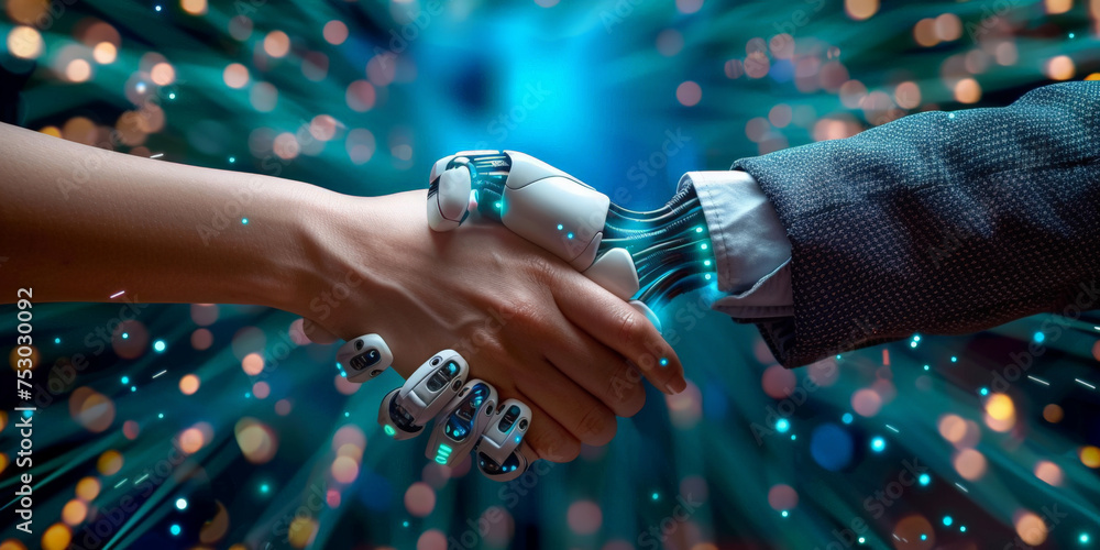 Robot handshake with man in suit. Suitable for business concepts, technology collaboration, futuristic partnerships, artificial intelligence integration visuals.