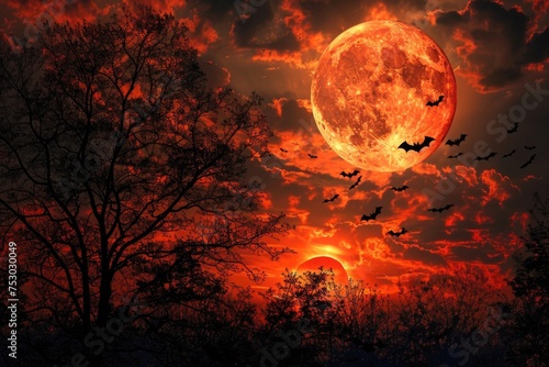 Dramatic Halloween sky with full moon, bats and trees silhouette background   © YamunaART