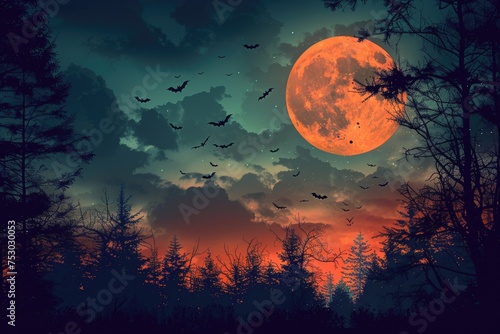 Dramatic Halloween sky with full moon, bats and trees silhouette background 