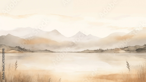 Watercolor landscape with misty mountains and reflective lake, neutral tones