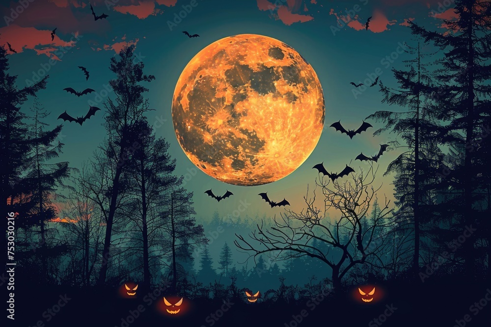 Dramatic Halloween sky with full moon, bats and trees silhouette background  