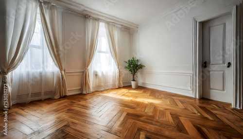 Empty room with a beautiful herringbone wooden parquet, white walls and white curtains in front of the windows. Generative Ai.