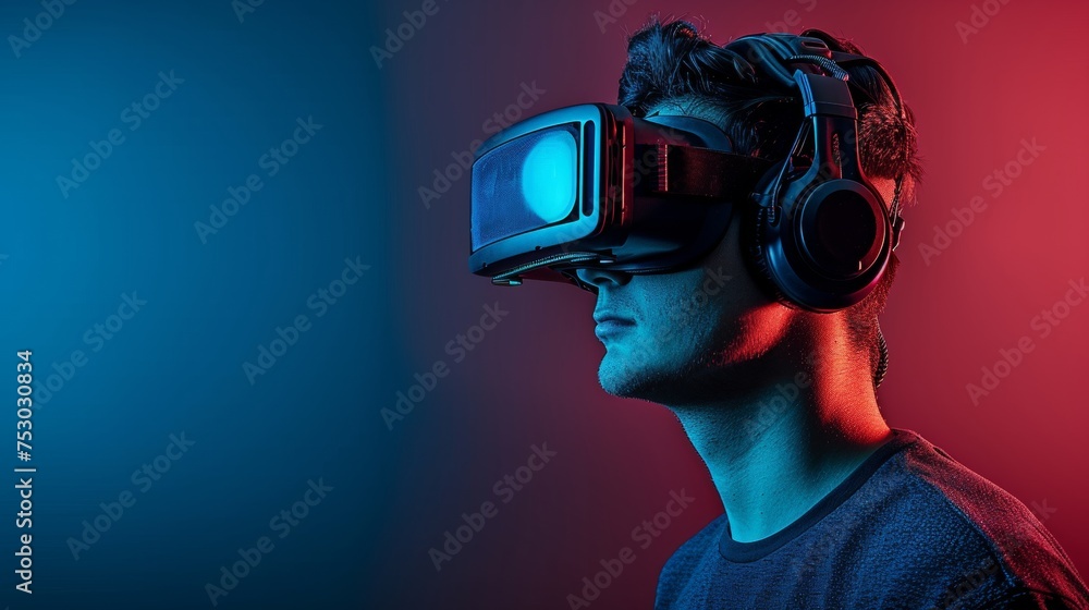 Creative young man with hi tech glasses and headphones against vibrant background Creative young man with hi tech glasses and headphones against vibrant background