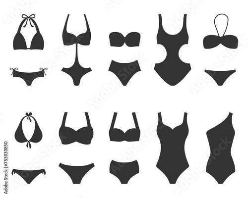 Bikini collection. Women's swimwear silhouettes on a white background. Underwear. Vector illustration.