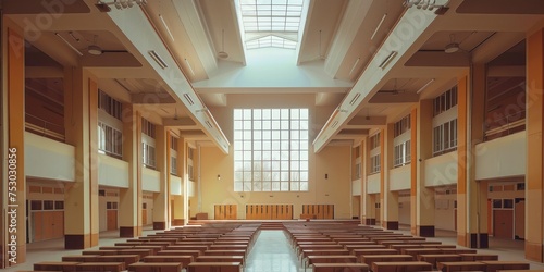 A large empty auditorium with a large window in the middle photo