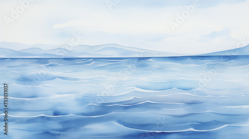 Watercolor seascape with layered blue waves against a distant mountain range