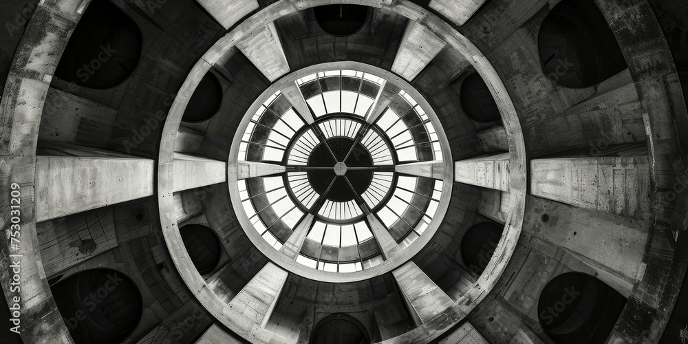 A black and white photo of a large, circular building