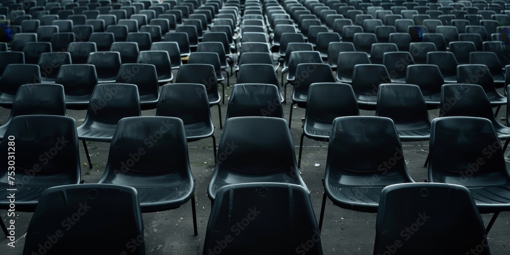 A row of black chairs are empty in a large room A row of black chairs are empty in a large room