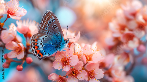 Beautiful butterfly on nature of monarch on flower on bright sunny day.