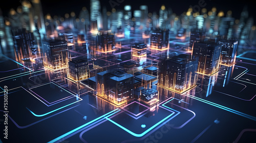 Smart city on background, featuring smart infrastructure and connected buildings photo